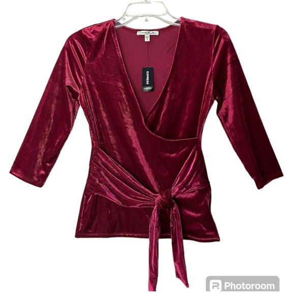 NWT Express Tie Front Velour Wrap Top Burgundy V Neck Holidays Size S - Picture 2 of 10